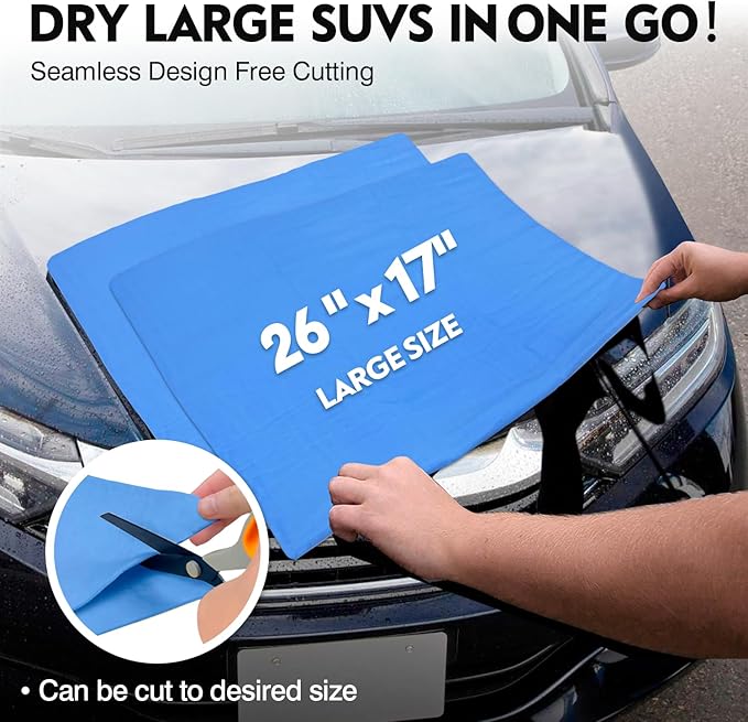 Premium Shammy Towel for Car Drying 2pk (26”x17”)-Super Absorbent Chamois Towel-Reusable shamies Towels for Cars, Bathroom,Pets, Dust Remove, No Spots/Streak/Scratch, Large, Blue