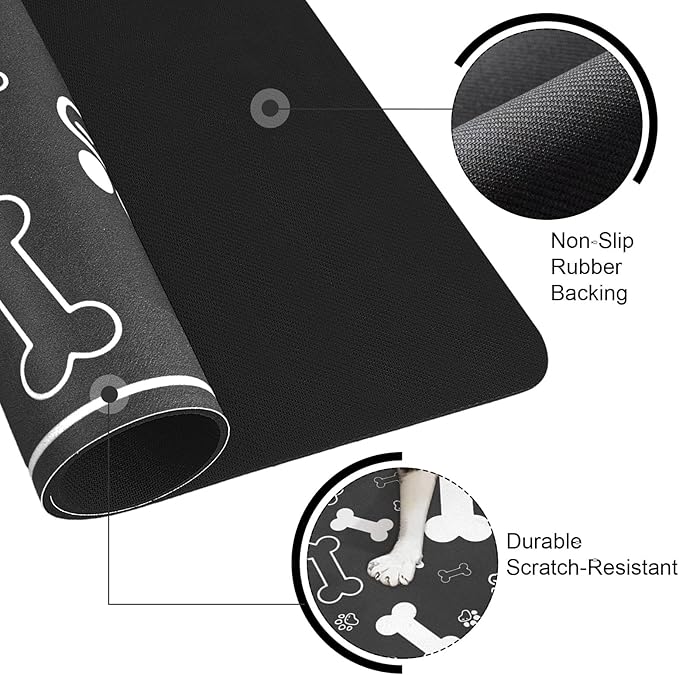 Pet Feeding Mat,Rapid Absorbent Mats for Dog Cat Food, Dog Placemat Water Bowl Mat with Rubber Backing,Messy Drinkers to Protect Floors, Pet Accessories 16"×24" Black