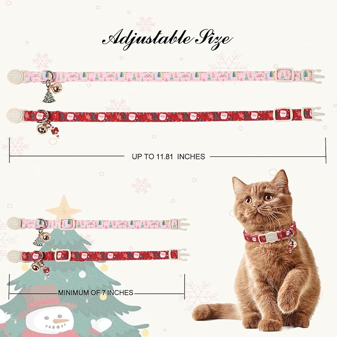 Christmas Cat Collar,Unique Style Paws Kitten Collars,Cute Cats Collar with Bell,Adjustable Kitten Collar Breakaway Buckle with Santa Claus,Christmas Tree Pattern,Ideal Gift for Boy Girl Cats