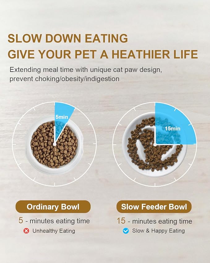 Raised Cat Dog Slow Feeder Bowl with Stand, Cat Bowls for Slow Eating, Ceramic Elevated Slow Feed Cat Bowls, Pet Bowl for Cat and Dog, Cat Puzzle Feeder for Healthy Eating Diet, 2.5'' High, 5.2'' Wide