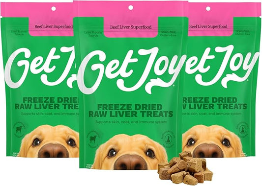 Get Joy Freeze Dried Superfood 100% Beef Liver Dog Treats, 4 Ounce Bag (Pack of 3), Single Ingredient Organ Meat, High Protein, Vision, Skin & Coat Health, Grain Free, Gluten Free, Made in USA