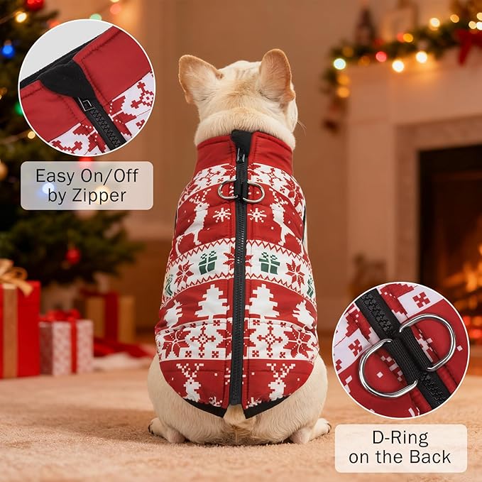 SCENEREAL Christmas Winter Dog Vest Coat with Harness Built in, Warm Puppy Jacket for Small Medium Dogs, Cold Weather Coat with Zipper, Fleece Puffer Vest Windproof Snow Clothes, L