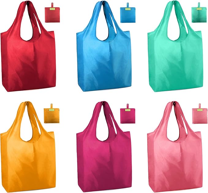 BeeGreen Colorful Reusable Grocery Bags 6 Pack, Heavy Duty Totes for Women, Foldable Grocery Bag Large Shopping Totes with Handles for Work, Travel, Gift, Store, Polyester Washable Reusable Tote Bag