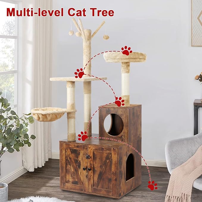 Cat Tree Tower with Litter Box Enclosure, 2-in-1 Wooden Cat Condo with Sisal Scratching Post, Hammock, Brown