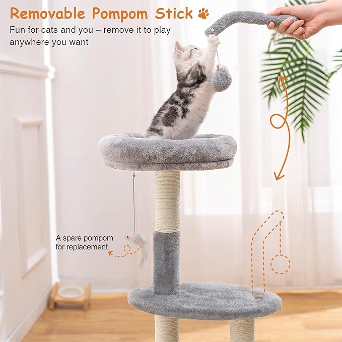 Large Cat Tree Tower with Scratching Post, Modern Kitten Tower for Indoor Cats, Sturdy Tall Carpet Sisal Cat Scratcher Stand with Big Bed Perch,Scratch Ramp,Ball Toy for Kitty Play -Grey