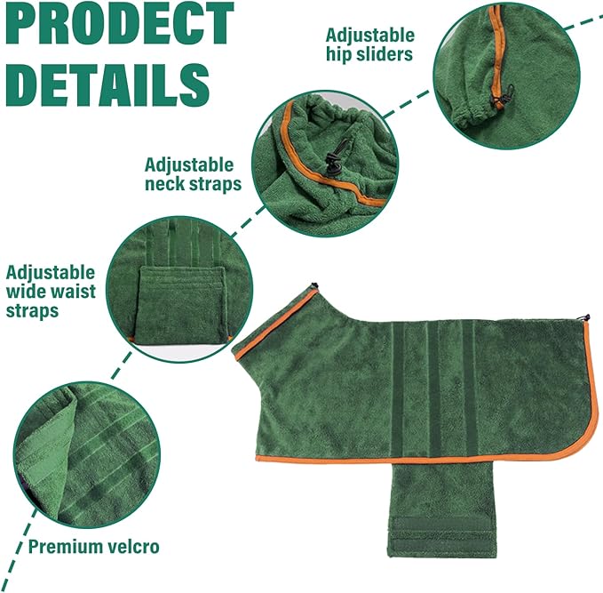 Dog Drying Coat - Fast Drying Dog Towel Robe - Microfiber Super Absorbent Pet Bathrobe, Adjustable Collar & Belly Strap Pet Coat Pet Bath Robe Towel (X-Large, Green)