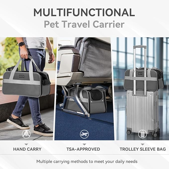 PETSFIT Multipurpose Center Console Dog Car Seat, Airline Approved Dog Car Carrier with Safety Tether and Pockets, Portable Cat Car Seat, Dog Car Seats for Small Dogs, Cats Up to 9 LBS (Deep Grey)