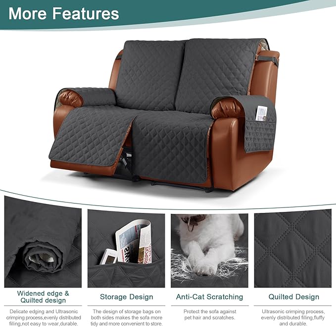 Ruaozz Waterproof Recliner Sofa Cover 1-Piece Couch Covers for Reclining Couches Reclining Sofa Cover Washable Furniture Protector with Elastic Straps Pocket for Kids, Pets (Charcoal Grey, 2 Seater)