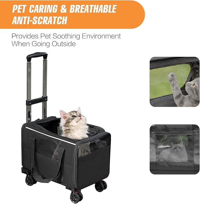 Pet Carrier with Wheels - Soft-Side Wheeled Cat Carrier for Dogs with Telescopic Handle, Collapsible Rolling Pet Travel Bag Carrier for Large Cats Small Medium Dogs for Camping Vet Visiting Black