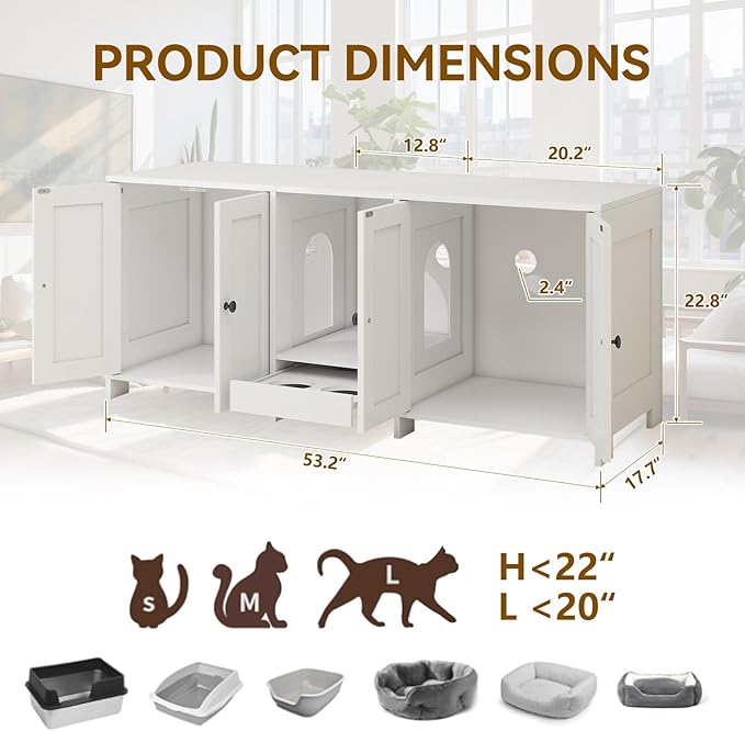 Double Litter Box Enclosure, Hidden Litter Boxes Furniture for 2 Cats, Large Litter Box Cabinet with Cat Feed Station, Cat House, TV Stand, Side Table
