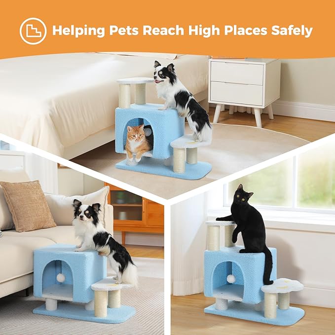 3-in-1 Cute Dog Stairs & Cat Scratching Post with Condo, Pet Steps for High Bed, Sofa, Couch, Tall Cat Tower, High-Strength Board for Indoor Small Cats Kittens Dogs Climbing Playing, 3 Steps-Blue