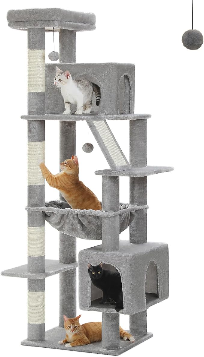 71 Inch Tall Cat Tree for Indoor Cats Large Adult, Multi-Level Cat Tower with Extra Large Hammock, 2 Cat Caves, Spacious Top Perch, Scratching Pad, Light Grey