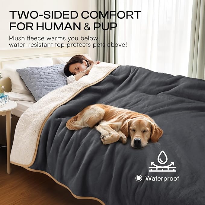 Luciphia Waterproof Pet Blanket, Liquid Pee Proof Dog Blanket for Sofa Bed Couch, Reversible Sherpa Fleece Furniture Protector Cover for Small Medium Large Dogs Cats, Grey+Beige Small（40" x 28"）