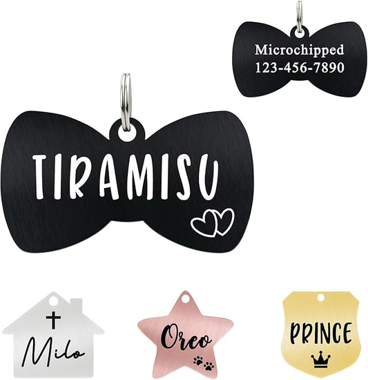 Ultra Joys Cat ID Tag Personalized Pet Tags, Durable Stainless Steel Small Pet Mini Dog Cat Tag Lightweight - Bowtie Tag in Black
