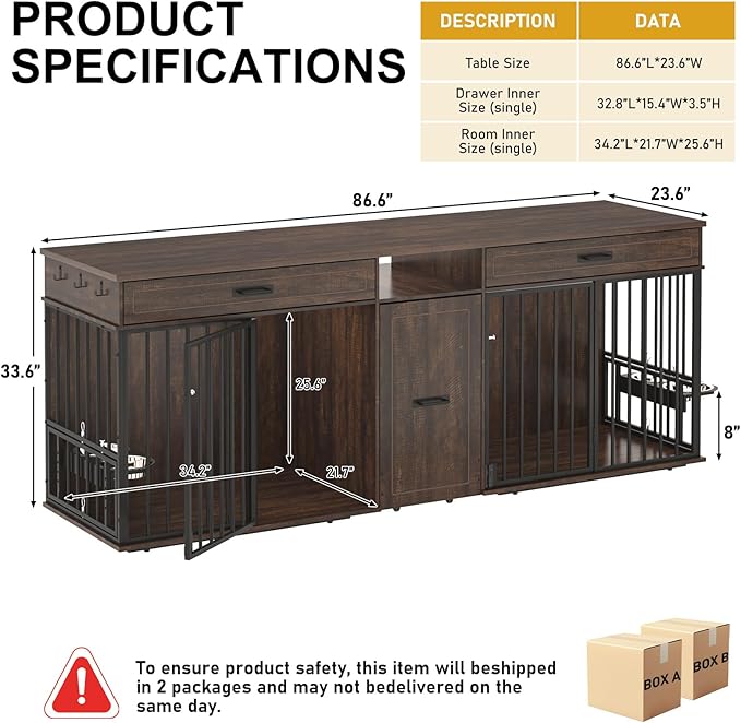86.6" Dog Crate Furniture Large Breed TV Stand with Double Rooms, Wooden Dog Kennel Furniture with Dog Bowl, 2 Drawers and Cabinet for Large Medium Dogs, Brown