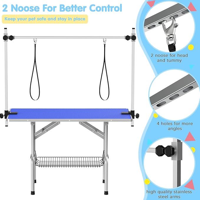 Lyromix 42''Large Dog Grooming Table, Adjustable Cat Drying Desktop with Arms, Nooses, Mesh Tray, Foldable Pet Station at Home, Maximum Capacity Up to 330Lb, 42inch, Blue