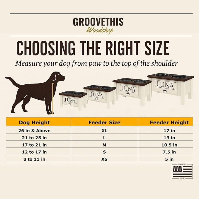 GrooveThis Woodshop - Personalized Elevated Dog Bowl Stand for Large, Medium, Small, X-Small Dogs - Stainless Steel Food and Water Bowls - Raised Dog Dish with Internal Storage (Medium, Flag Design)