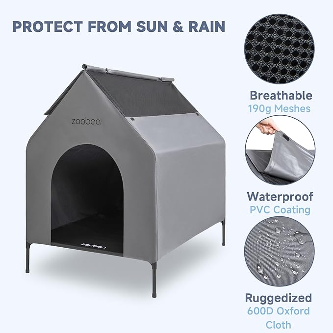 29" 2-in-1 Dog House for Medium Dogs, Elevted Dog House Outdoor/Indoor, Weatherproof Elevated Pet Shelter, Breathable Mesh & Steel Frame, Easy to Assemble & Clean(Grey)