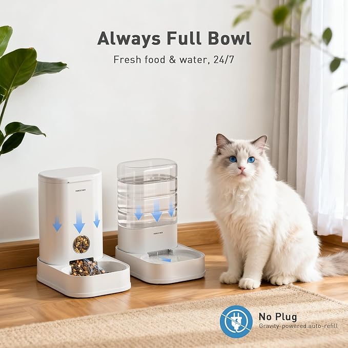 PAWGETHER® 2 Pack Gravity Cat Feeder and Water Dispenser 1 Gallon/3.5L Automatic Cat and Dog Feeder and Watererer with Pet Food Bowl for Puppy Kitten Rabbits