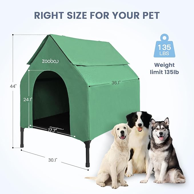 Outdoor Dog House – Weatherproof Elevated Pet Shelter, Breathable Mesh & Steel Frame, Easy to Assemble & Clean, Large Dog Houses for All Seasons (Green, Large)