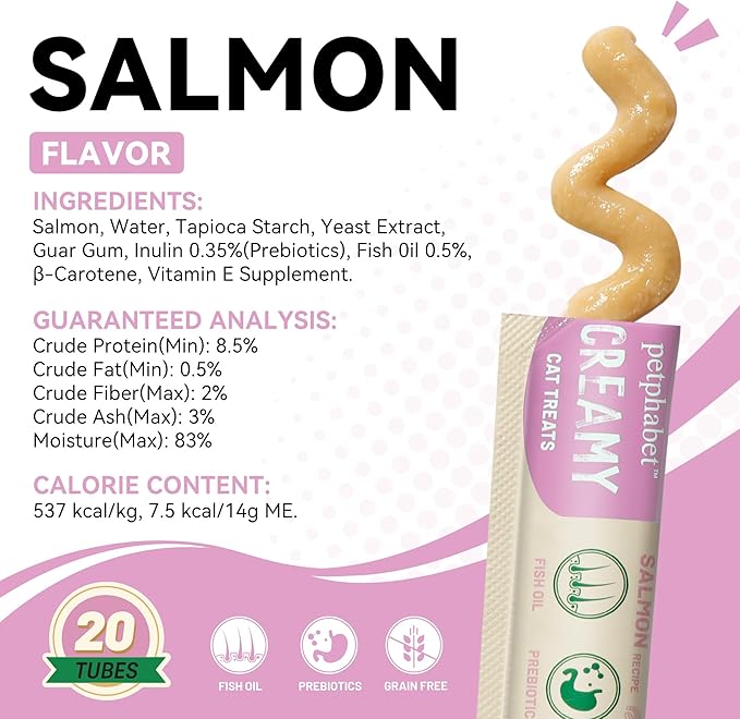 PETPHABET Lickable Cat Treats, Creamy Puree Wet Kitten Treats Salmon Recipe, Squeezable Paste Cat Snacks, Grain-Free Kitty Treat, High Protein Squeeze Up Tubes for Cats (0.5 oz x 20 Counts)