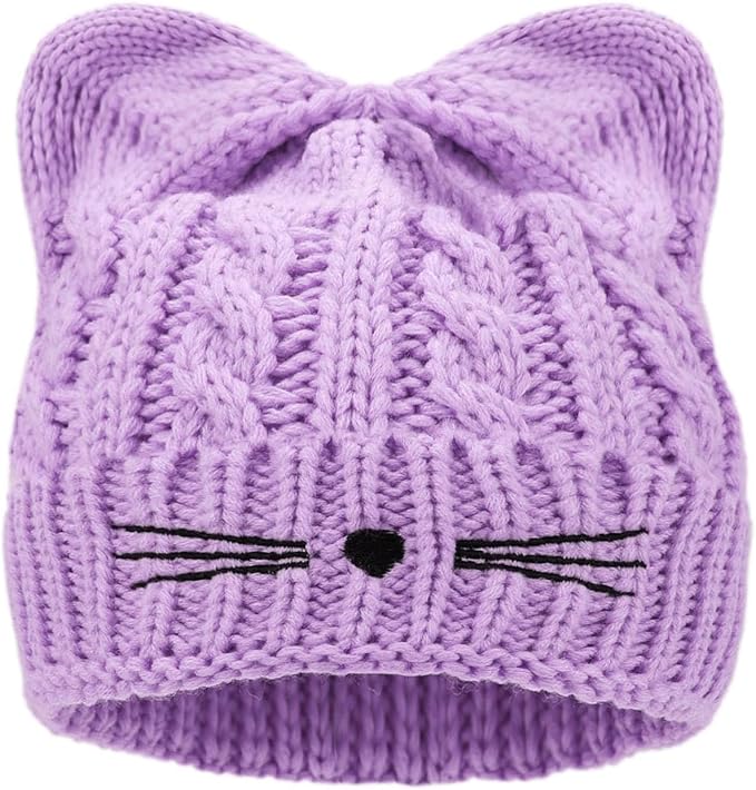 Kids Girls Cat Ear Hat Winter Warm Knit Beanie Cute Ski Skull Cap for Ages 7-12