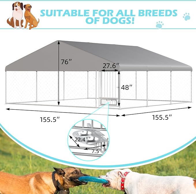 13'x13' Outdoor Dog Kennel with Roof, Dog Kennel Outside with Rotated Dog Bowls, Large Dog House Pen Enclosure with Secure Lock, Wateproof Sunproof Cover