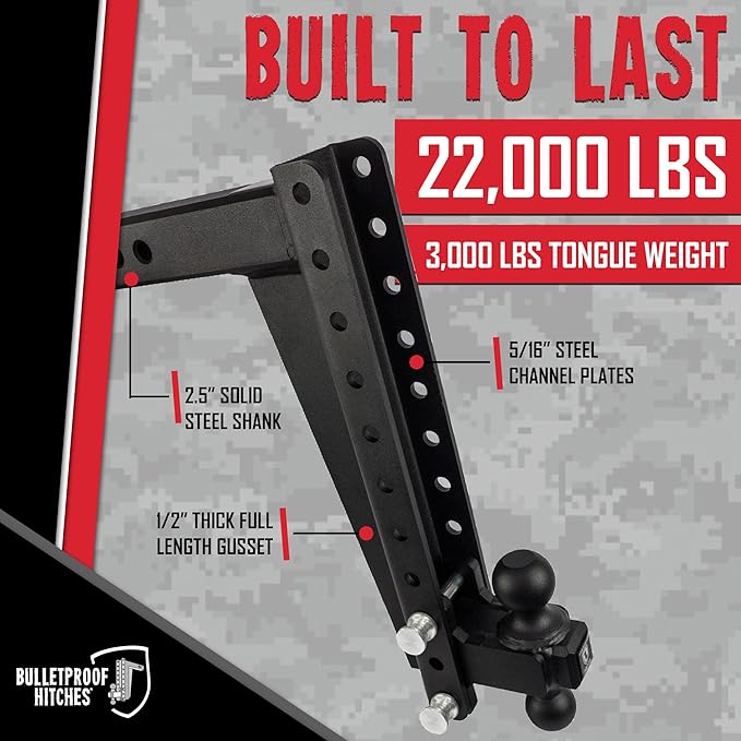 BulletProof Hitches - 2.5" Adjustable Heavy Duty Trailer Hitch (22,000 lb. Rating) - 16" Drop/Rise Trailer Hitch with 2" & 2-5/16" Dual Ball - Powder Coat, Solid Steel, Corrosion-Resistant