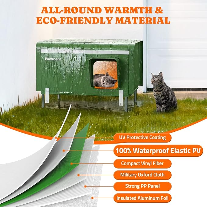 Pawtners Heated Outdoor Cat House for Outside Cats, 26'' XL Insulated Weatherproof Cat Shelter with Heated Pad, Elevated Feet & Escape Door, Warm Kitty House for Feral or Stray Cats in Winter