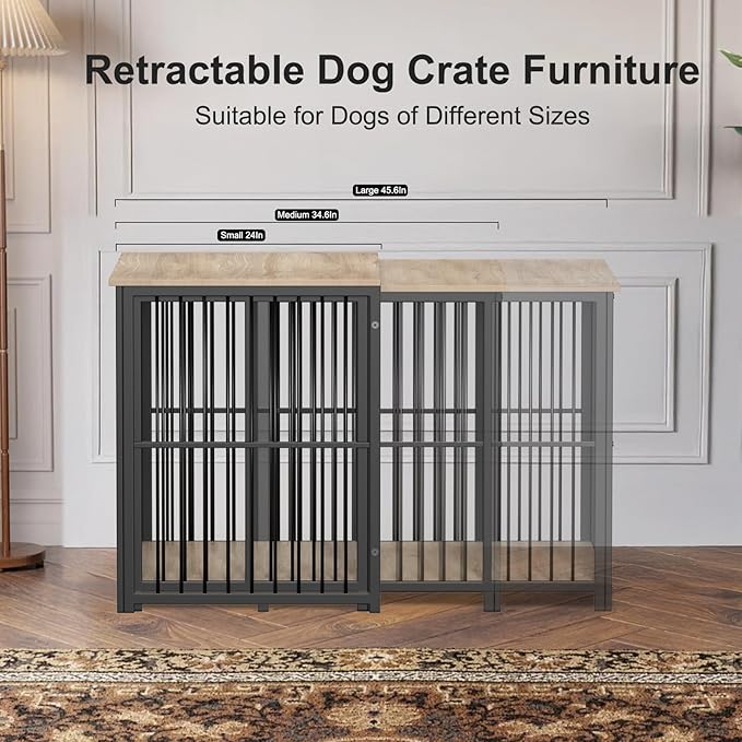 Large Dog Crate Furniture for Large Dogs, Retractable Dog Kennel Furniture, Wooden Dog Kennel Indoor, Heavy-Duty Dog Cage Furniture with 3 Levels of Adjustable Size,45.6" L, XL, Light Brown
