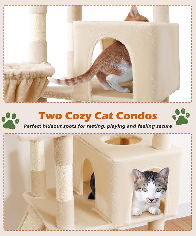 AMHANCIBLE Heavy Duty Cat Tree for Indoor Cats Large Adult 20 lbs+, 83 Inch Multi-Level Tall Cat Tower with Scratching Post and Board, Hammock, Condos, Hanging Basket, Beige, PT21BG