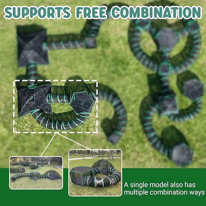 Cat Tents for Outside, Green Outdoor Cat Enclosures, Foldable Pet Playpen with Tunnels for Outside, Portable 4-in-1 Catio Including 2 Tents and 2 Tunnels