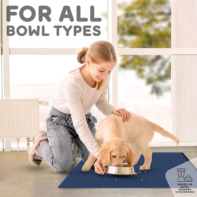 Dog Food Mat - 24x15 Raised Edges Dogs Mat for Food and Water Prevent Spill, Waterproof Cat Food Mats Protect Floors, Easy Clean Dog Bowl Mats for Food and Water, Silicone Pet Feeding Placemats Navy