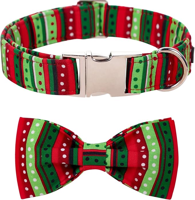 Lionet Paws Dog Collar with Bowtie, Detachable Bowtie for Dressing Up, Cotton Material, Red&Green Dot, Small, Dog, Cat, All Breeds, Extra Small, Buckle Closure, 7-11 inches