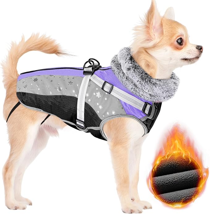 SlowTon Dog Jacket with Harness Built in - Waterproof Fleece Winter Warm Dog Coats for Small Medium Dogs, Reflective Adjustable Furry Puppy Vest Clothes for Outdoor Walking (PU, XS)