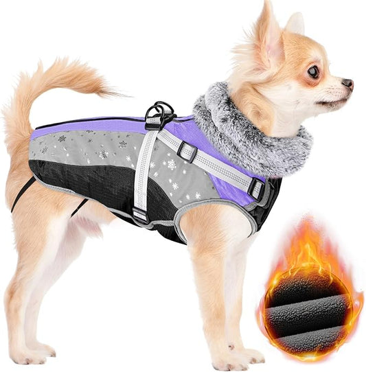SlowTon Dog Jacket with Harness Built in - Waterproof Fleece Winter Warm Dog Coats for Small Medium Dogs, Reflective Adjustable Furry Puppy Vest Clothes for Outdoor Walking (PU, XS)