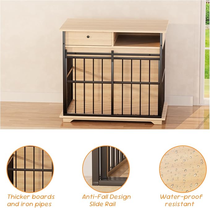 35.5" Dog Crate Furniture, Wooden Dog Crate Furniture for Medium Small Dogs, Wooden Dog Kennel End Table with Drawer and Open Shelves, Sliding Door Dog Kennel Furniture