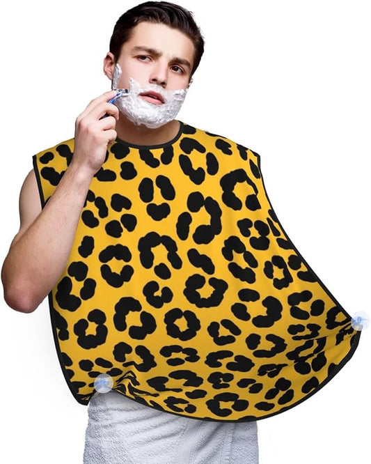 Adjustable Beard Catcher Apron, Wild Animal Cheetah Leopard Print Yellow Shave Bib, Non-Stick Waterproof Grooming Bib, Shaving Essential for Men Dad Christmas