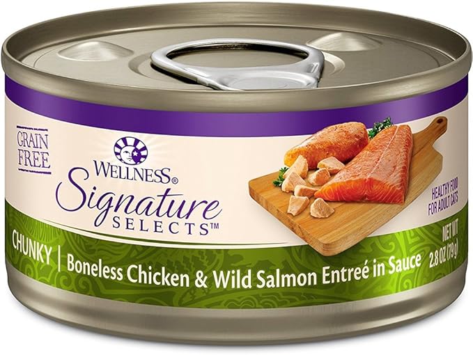 Wellness Signature Grain Free Wet Cat Food Variety - 4 Flavors Pack (12 Cans) with Lid: Chicken, Liver, Salmon & Turkey (2.82oz)