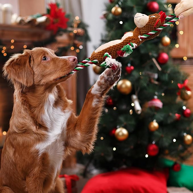 Christmas Squeaky Reindeer Dog Toys-Tug of War Dog Toy for Puppy- Keep Them Busy and Entertained- Interactive Pet Toys for Small & Medium Breeds