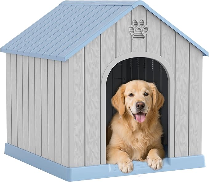 Large Dog House Outdoor Indoor for Medium Large Dogs, Durable Plastic Waterproof Doghouse with Air Vents and Elevated Floor, Easy Clean and Assemble (Light Blue, 36.2''L×38''W×38''H)