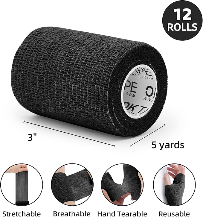 OK TAPE Self Adherent Cohesive Bandages Wrap - 12Packs, 3" x 5 Yards, Non-Woven Self Adhesive Bandage Wrap for Thumb, Finger, Wrist, Ankle, Vet Wrap Bandages Tape (Black)