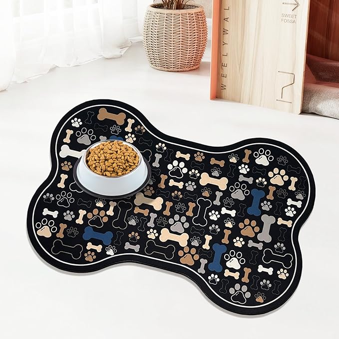Dog & Cat Food Mat Bone Shaped Pet Feeding Mat Quick Absorb Water Bowl Placemat with Rubber Backing Indoor Floor Stain Resistant Pet Accessory Supplies (Black, 12x24 Inches)