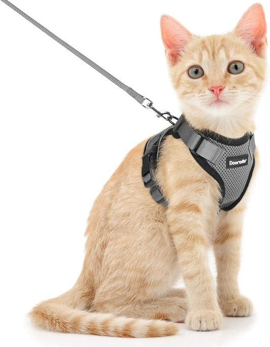 Dooradar Cat Harness and Leash Set, Escape Proof Safe Adjustable Kitten Vest Harnesses for Walking, Easy Control Soft Breathable Mesh Jacket with Reflective Strips for Cats, Grey, XS