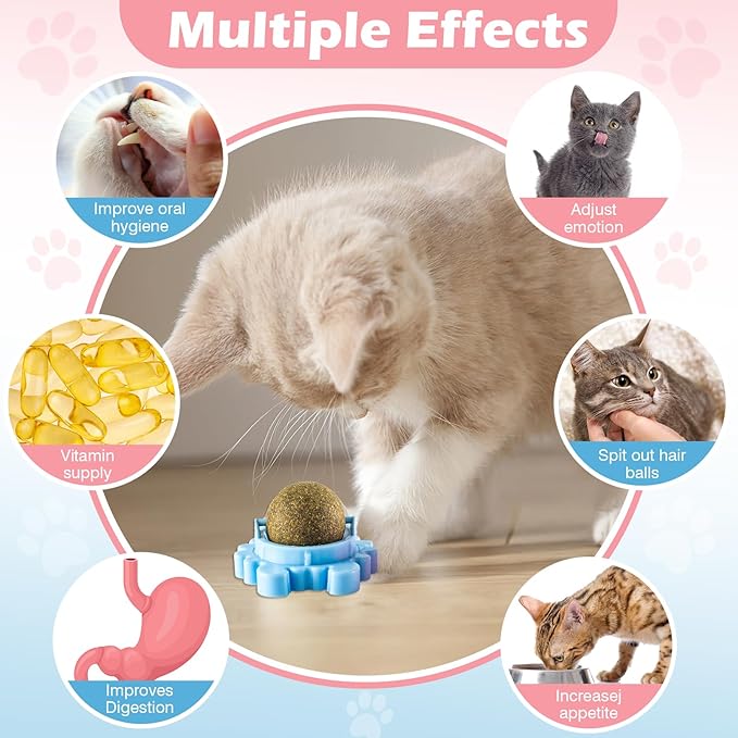 Catnip 4-Pack 360° Rotating Organic Rollers - Wall-Mounted and Floor-Standing for Cleaning Teeth, Stress Relief and Interactive Games - Suitable for Multi-cat households to Promote cat Health