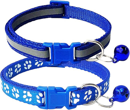 CHBORCHICEN 2-Pack Footprint & Reflective Cat Collar with Bell Basic Dog Cat Collar Buckle Adjustable Polyester Cat Dog Collar or Seatbelts (X-Small, Blue)