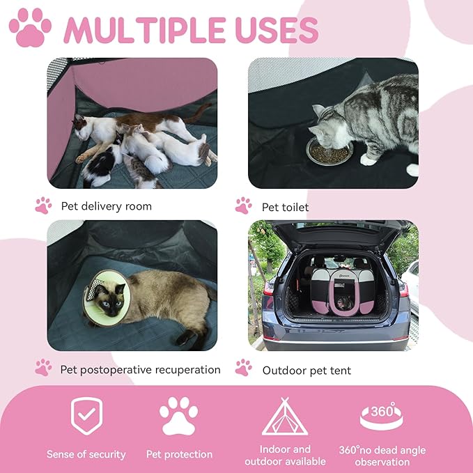 Dog Cat Playpen Indoor Outdoor for Puppy Pet Dogs Cat Travel and Recovery After Surgery, Dogs Enclosure Tent Crates Cage Indoor/Outdoor, Portable Pop Up Dog Kennel with Carrying Case(Pink, Medium)