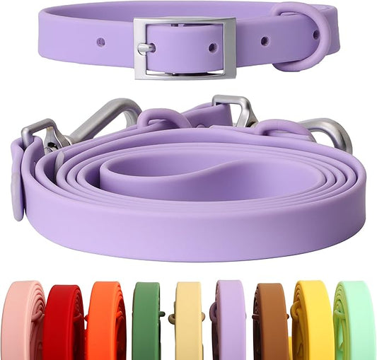 Dog Collar and Leash Set, Durable Waterproof Dog Leashes Collars, 5 Length Setting Adjustable Dog Collars for Large Medium Small Dogs (Taro Purple, L)