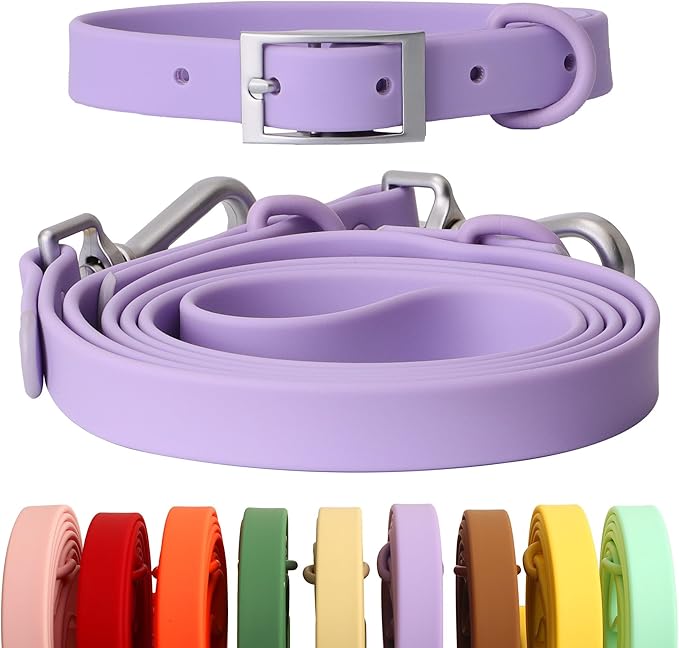 Dog Collar and Leash Set, Durable Waterproof Dog Leashes Collars, 5 Length Setting Adjustable Dog Collars for Large Medium Small Dogs (Taro Purple, M)
