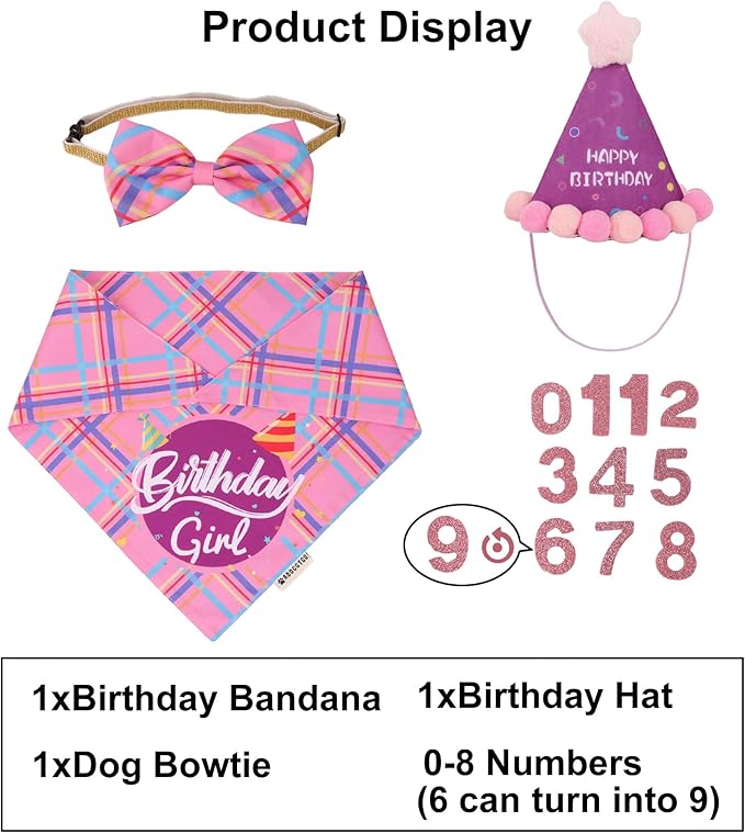 ADOGGYGO Dog Birthday Party Supplies, Pink Birthday Girl Pet Bandana Hat Bowtie Set for Large and Extra Large Dogs (X-Large)